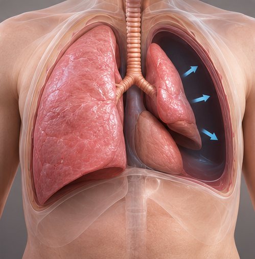 Ilustração de pneumotórax, com ar entre o pulmão e a parede do tórax